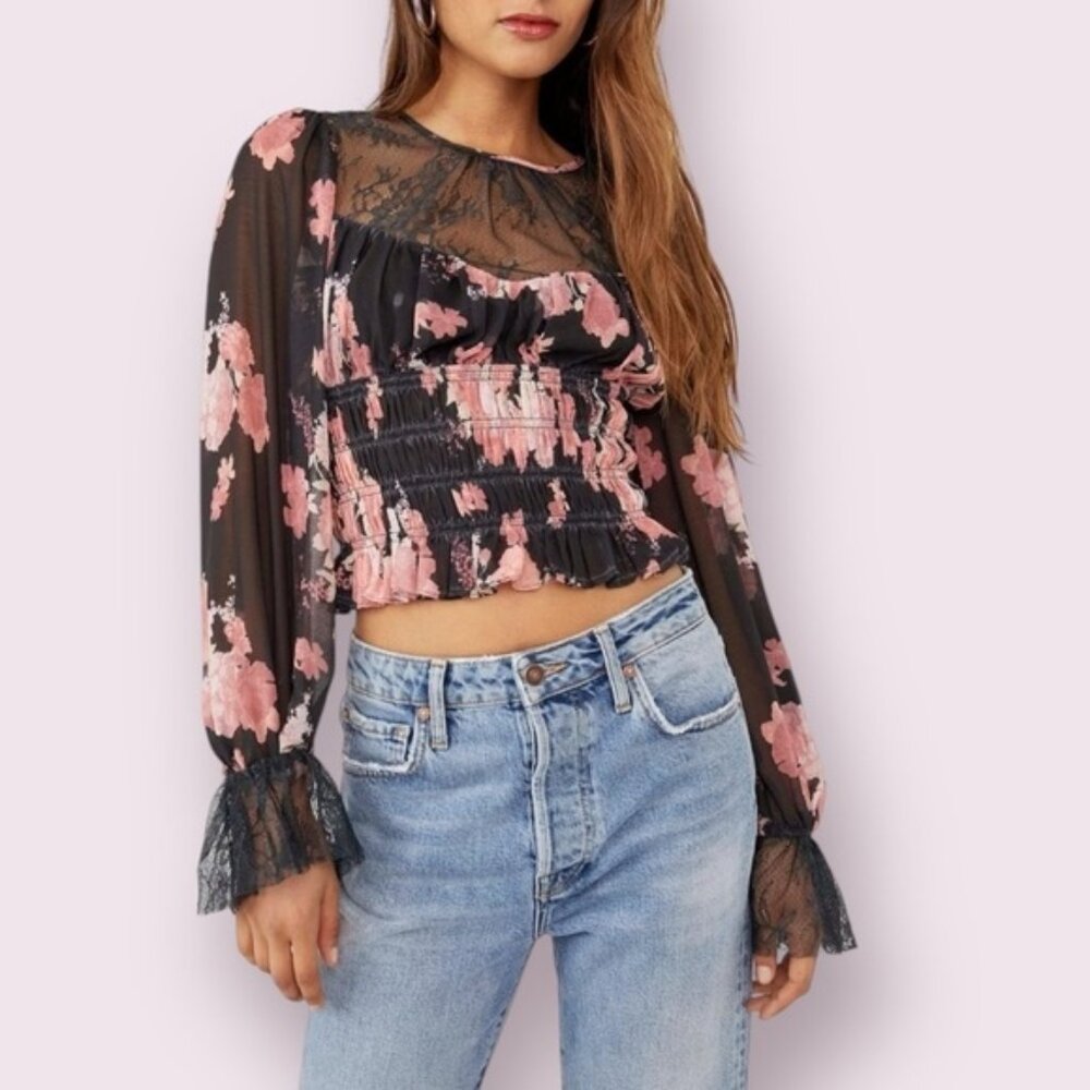 Free People Lace Ruffle Blouse - Cottagecore Floral Sheer Top (Size L)